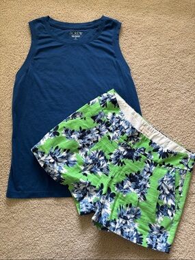 J. Crew Blue Pima Tank Top & Floral Green Linen Blend Shorts Outfit Sz Small 00